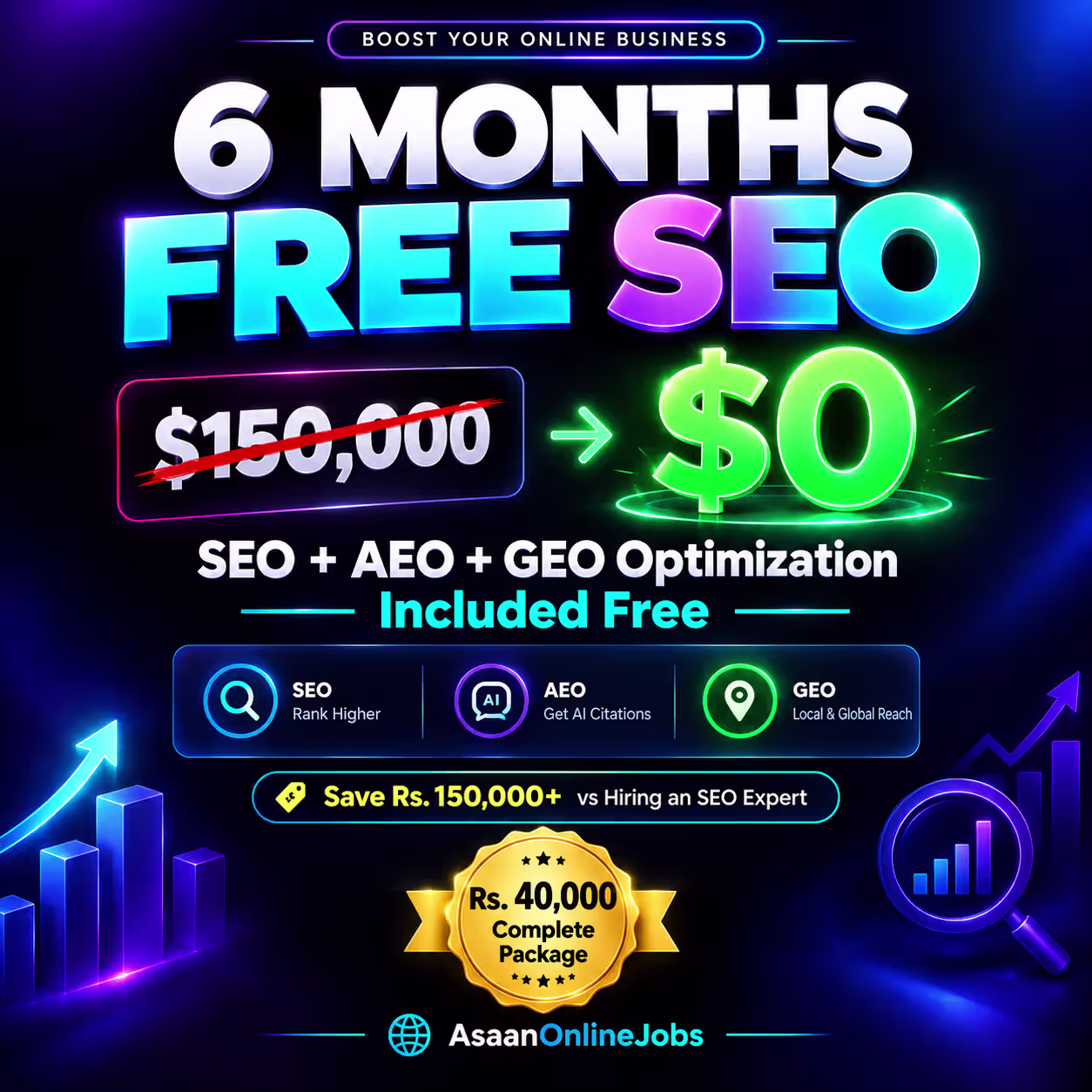 Neon SEO growth offer poster — 6 months free SEO, AEO and GEO optimization included with the Rs.40000 AdSense website package