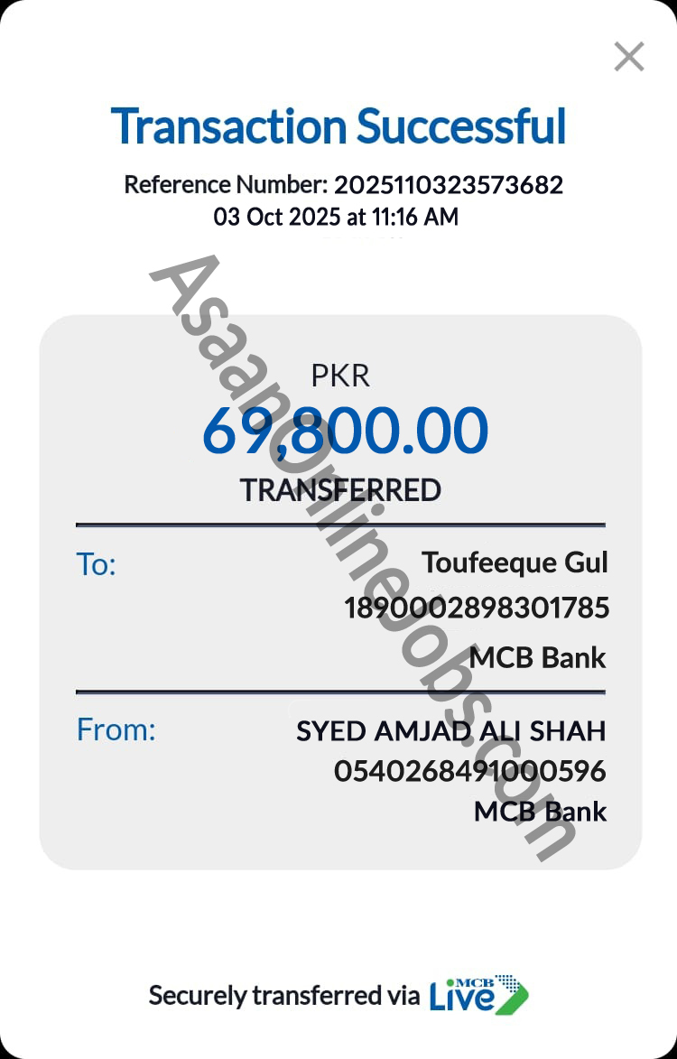 Payment Proof Rs.69,800